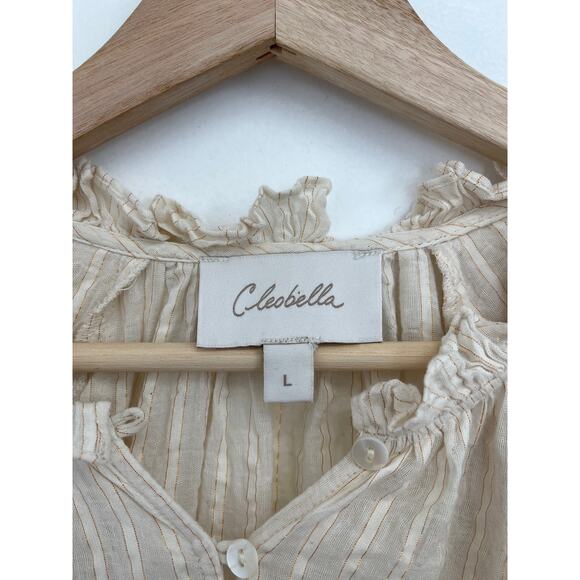 Cleobella Cream Ari Metallic Stripe Ruffle Puff Sleeve Peasant Blouse Large - Picture 8 of 16
